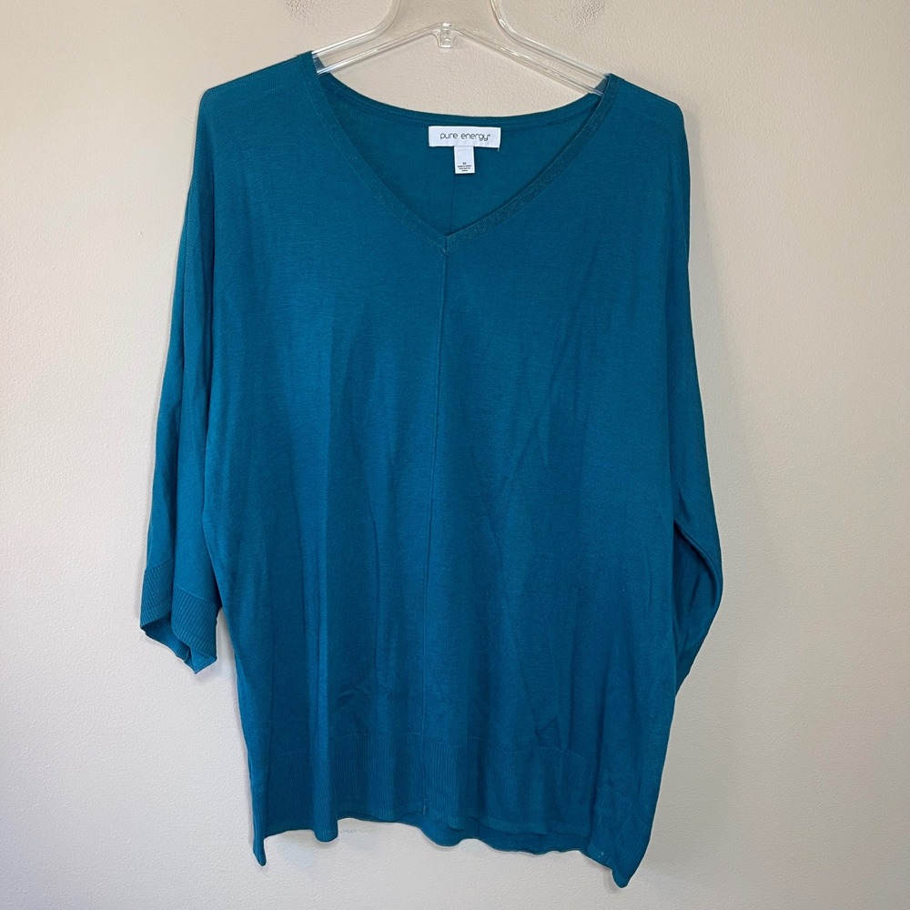 Pure Energy Womens 3X Teal V-Neck Dolman 3/4 Sleeve Knit Sweater Top